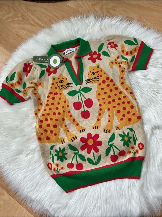 OXKnit Sweaters - OKKNIT Short Sleeve V-Neck Leopard Motif w/ Cherries & Flowers Cotton Sweater
